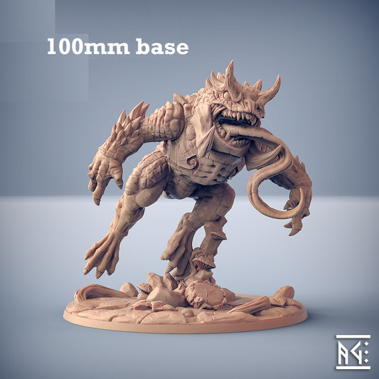 Image shows a 3D render of a giant horned frog gaming miniature.