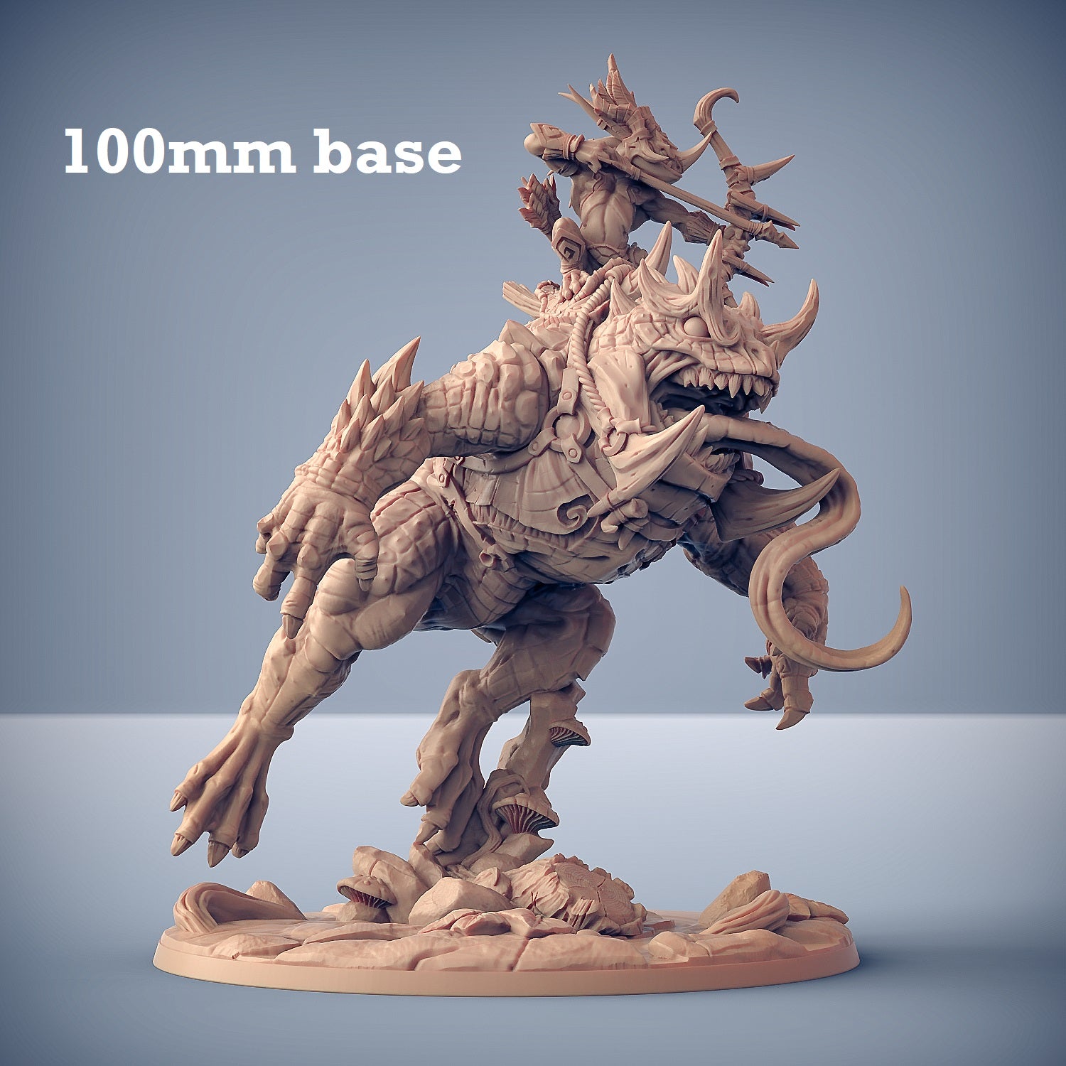 Image shows a 3D render of a giant horned frog gaming miniature with a frogfolk archer rider