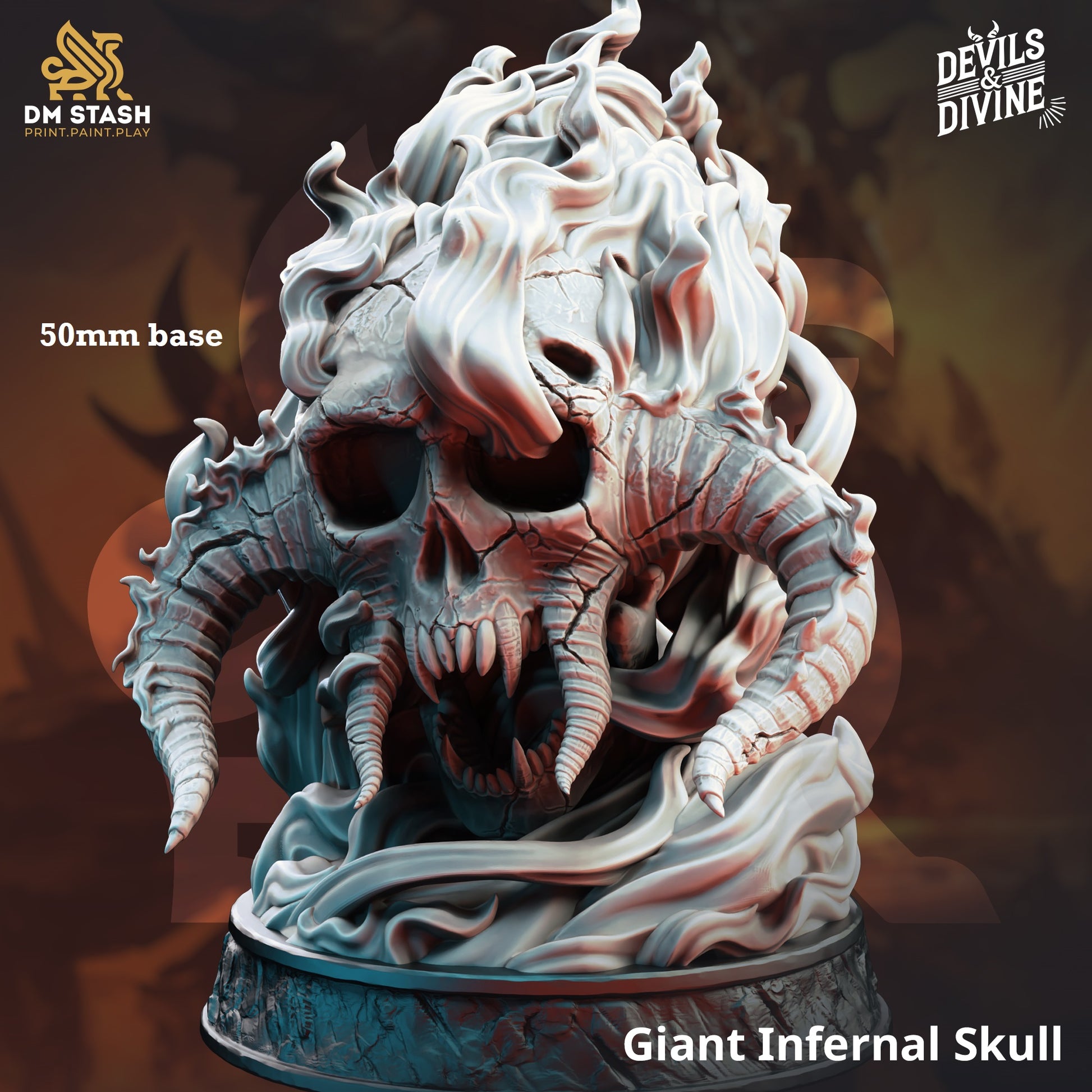 Image shows a 3D render of a flaming horned skull gaming miniature