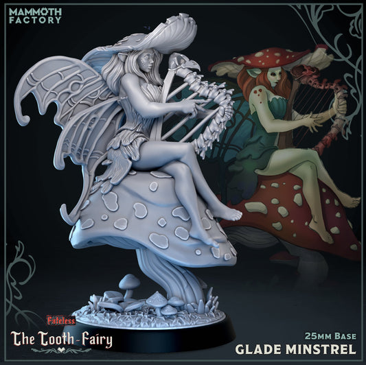 Image shows a 3D render of a mushroom fairy musician gaming miniature.