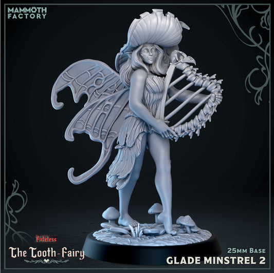 Image shows a 3D render of a mushroom fairy musician gaming miniature.