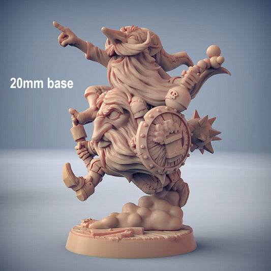 Image shows an 3D render of a gaming miniature depicting two gnomes, one on the other's shoulder running forward