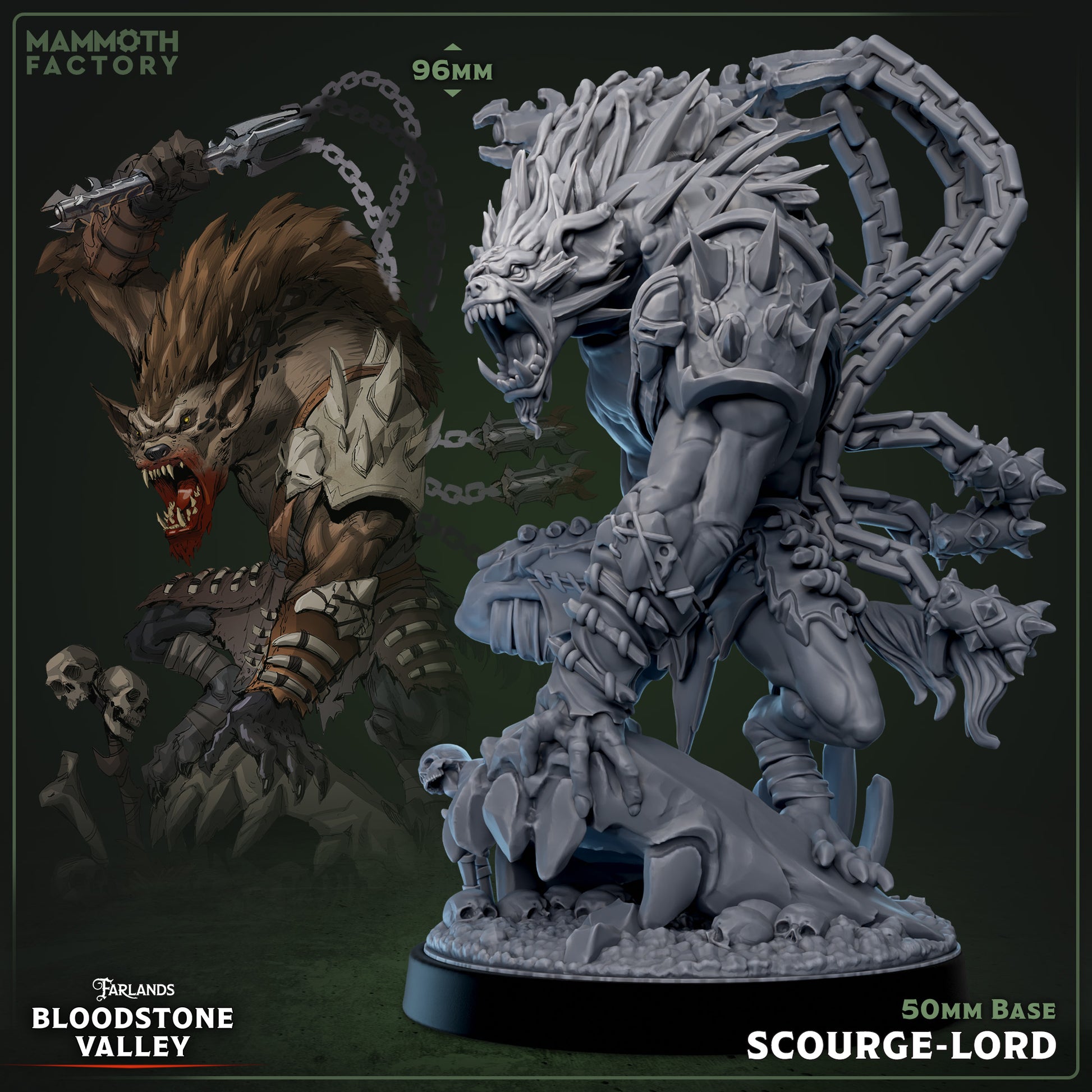 Image shows a 3D render of a gnoll warlord gaming miniature.