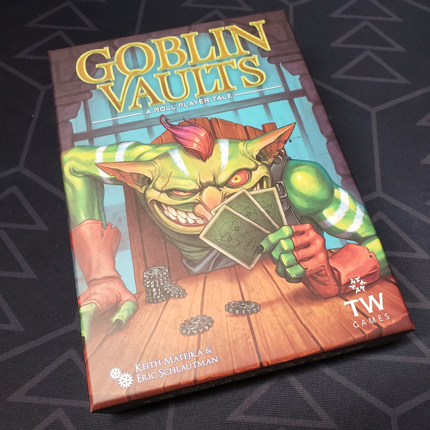 Image shows the front cover of the box of the Goblin Vaults card game