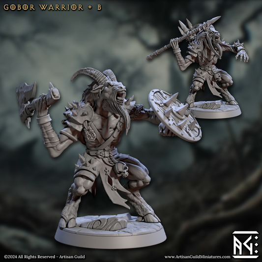 Image shows 3D renders for two different sculpt options for a capra warrior gaming miniature, one holding a spear and the other holding an axe & shield