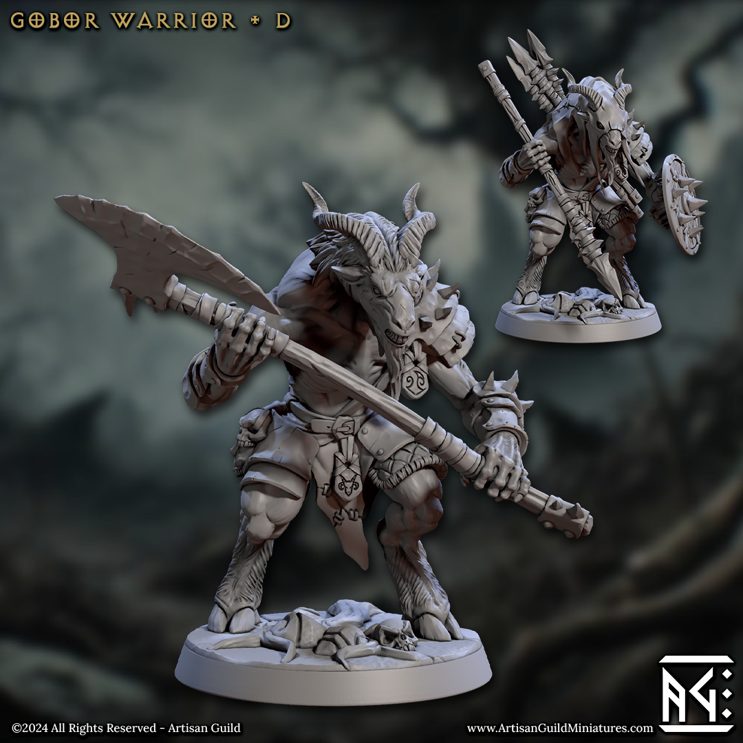 Image shows 3D renders for two different sculpt options for a capra warrior gaming miniature, one holding a greataxe and the other holding an spear & shield