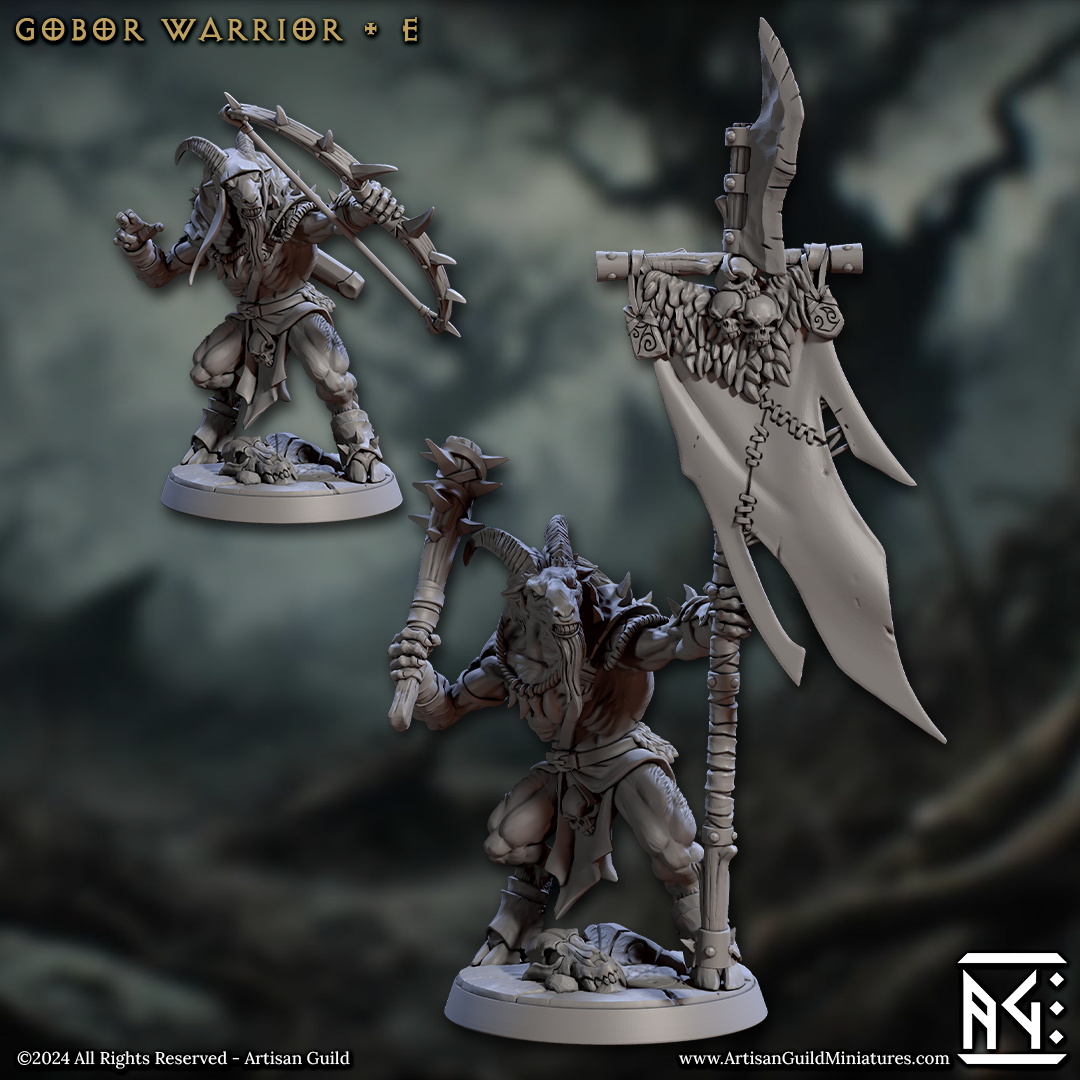 Image shows 3D renders for two different sculpt options for a capra warrior gaming miniature, one holding a banner & a club and the other holding a bow