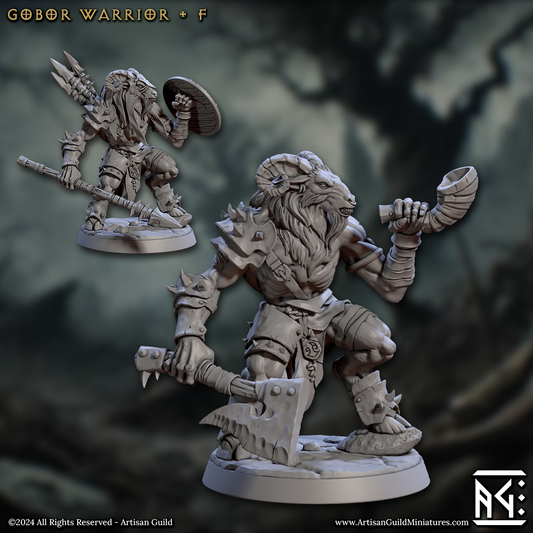 Image shows 3D renders for two different sculpt options for a capra warrior gaming miniature, one holding a spear & shield and the other holding an axe & horn