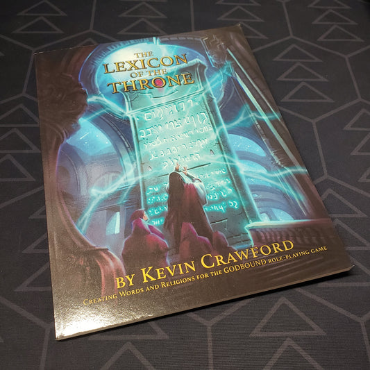 Image shows the front cover of the Lexicon of the Throne book for the roleplaying game Godbound