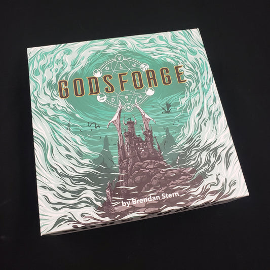 Image shows the front cover of the box of the Godsforge board game