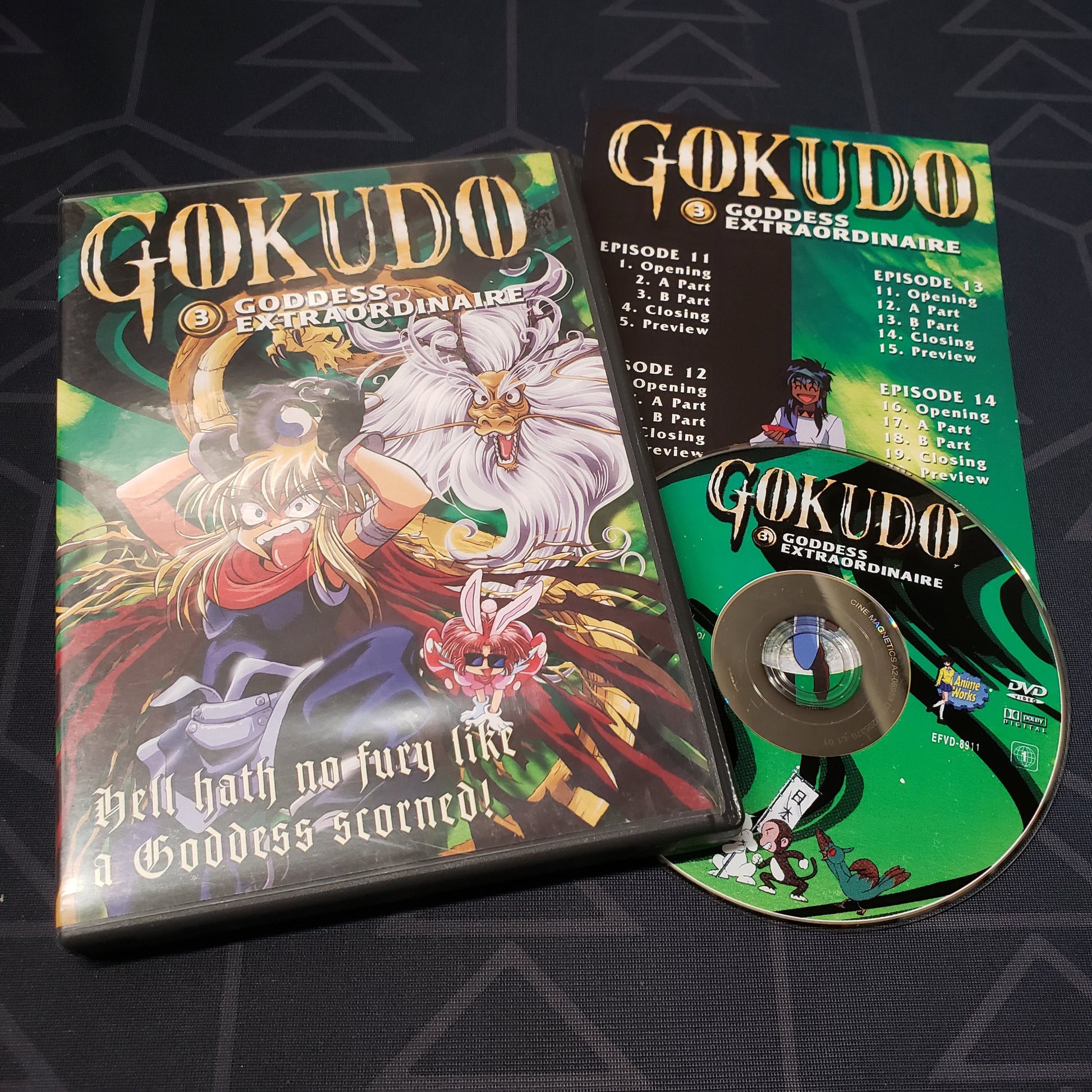Image shows the case, insert & disc for the Volume 3 Goddess Extraordinaire episode disc of the anime TV series Gokudo on DVD