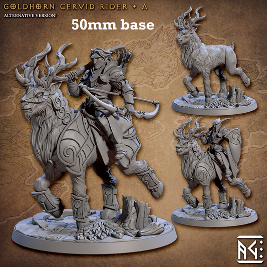 Image shows 3D renders of two different sculpt options for a gaming miniature featuing a high elf knight riding a elk beast