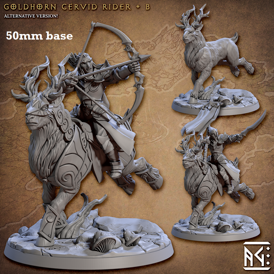 Image shows 3D renders of two different sculpt options for a gaming miniature featuring a high elf knight riding a elk beast