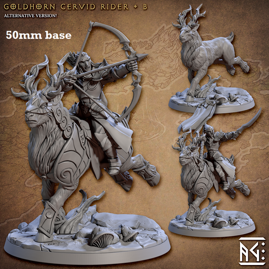 Image shows 3D renders of two different sculpt options for a gaming miniature featuring a high elf knight riding a elk beast