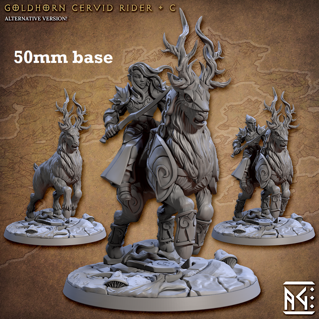 Image shows 3D renders of two different sculpt options for a gaming miniature featuing a high elf knight riding a elk beast