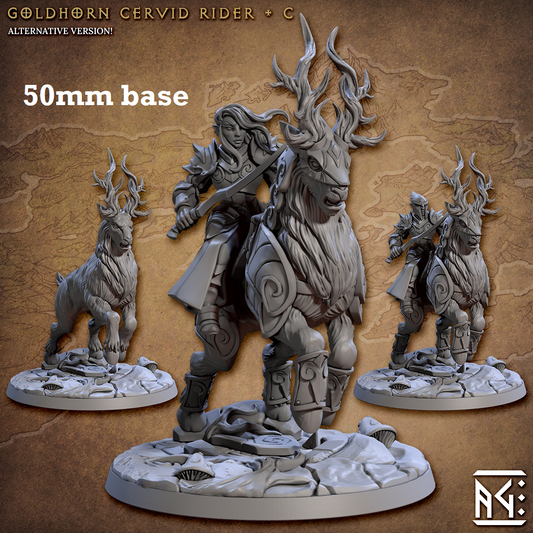 Image shows 3D renders of two different sculpt options for a gaming miniature featuing a high elf knight riding a elk beast