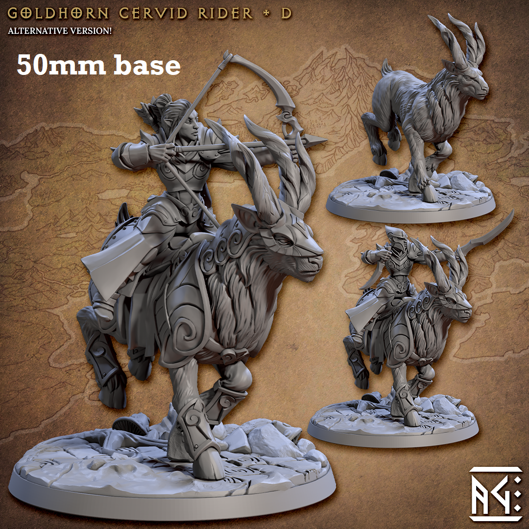 Image shows 3D renders of two different sculpt options for a gaming miniature featuing a high elf knight riding a elk beast