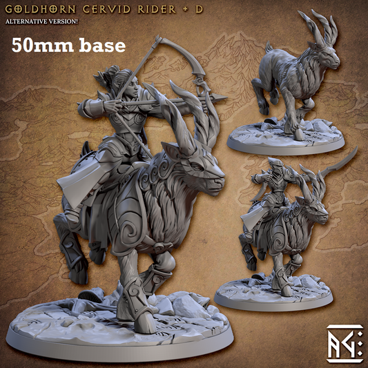Image shows 3D renders of two different sculpt options for a gaming miniature featuing a high elf knight riding a elk beast