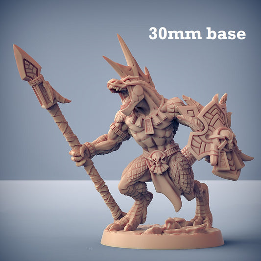 Image shows a 3D render of a lizardfolk warrior gaming miniature.