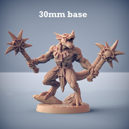 Image shows a 3D render of a lizardfolk warrior gaming miniature.