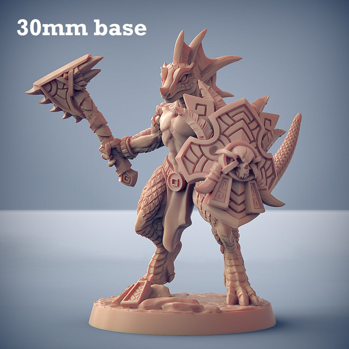 Image shows a 3D render of a lizardfolk warrior gaming miniature.