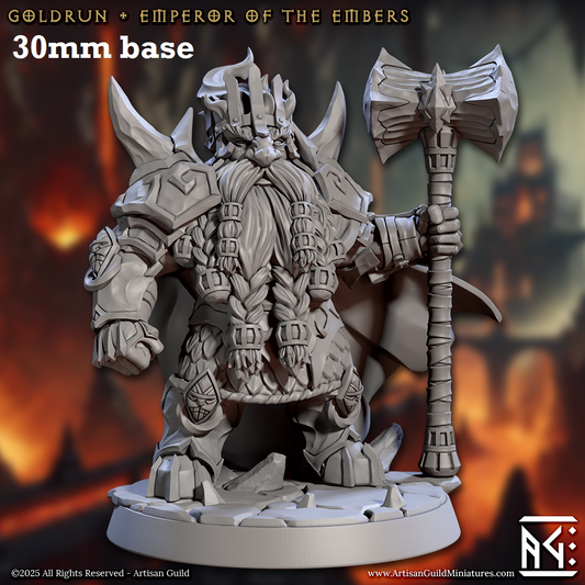 Image shows a 3D render of a fire dwarf king gaming miniature.