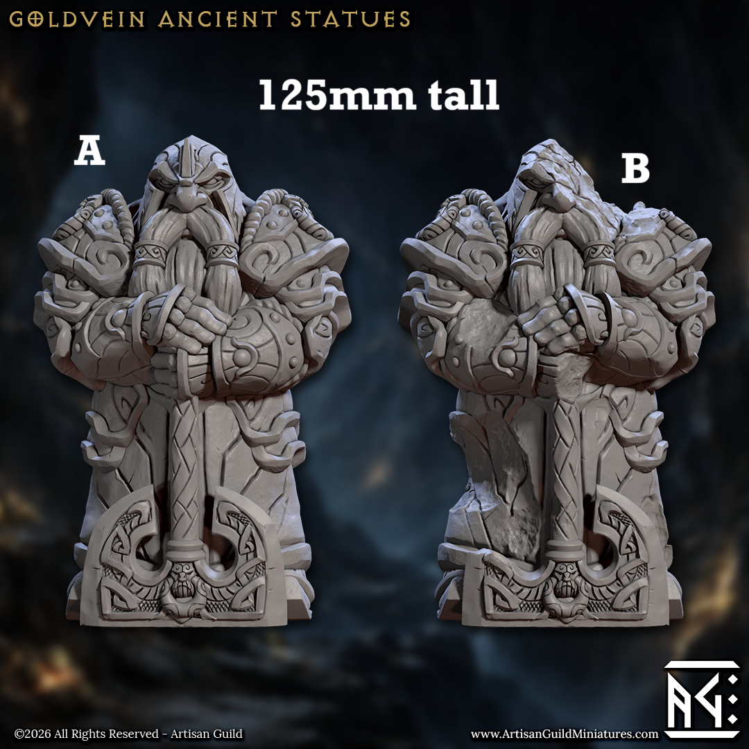 Image shows 3D renders of two sculpt options for a dwarven statue gaming miniature terrain piece