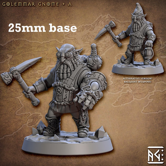Image shows 3D renders of two sculpt options for a gnome artificer gaming miniature.
