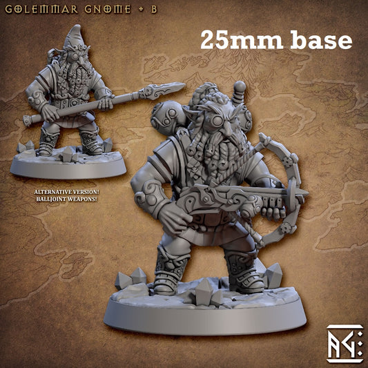 Image shows 3D renders of two sculpt options for a gnome artificer gaming miniature.