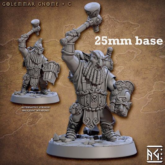 Image shows 3D renders of two sculpt options for a gnome barbarian gaming miniature.