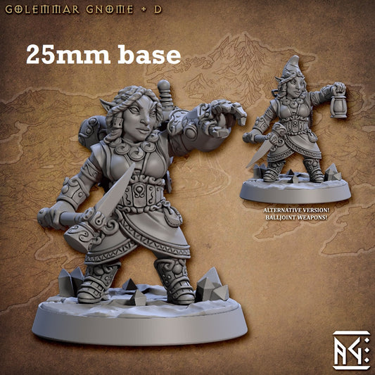Image shows 3D renders of two sculpt options for a gnome artificer gaming miniature.