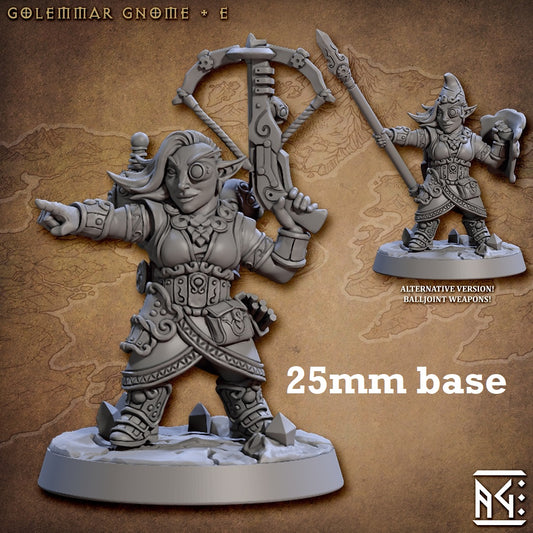 Image shows 3D renders of two sculpt options for a gnome artificer gaming miniature.