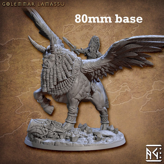 Image shows a 3D render of a lamassu gaming miniature with a gnome queen rider