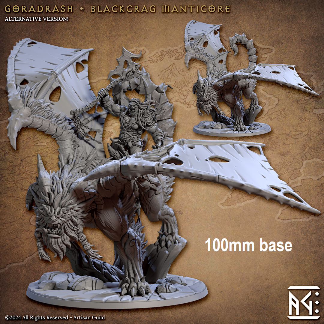 Image shows 3D renders for two different sculpt options of a manticore gaming miniature, one with an orc rider on a saddle, and one wild without a saddle