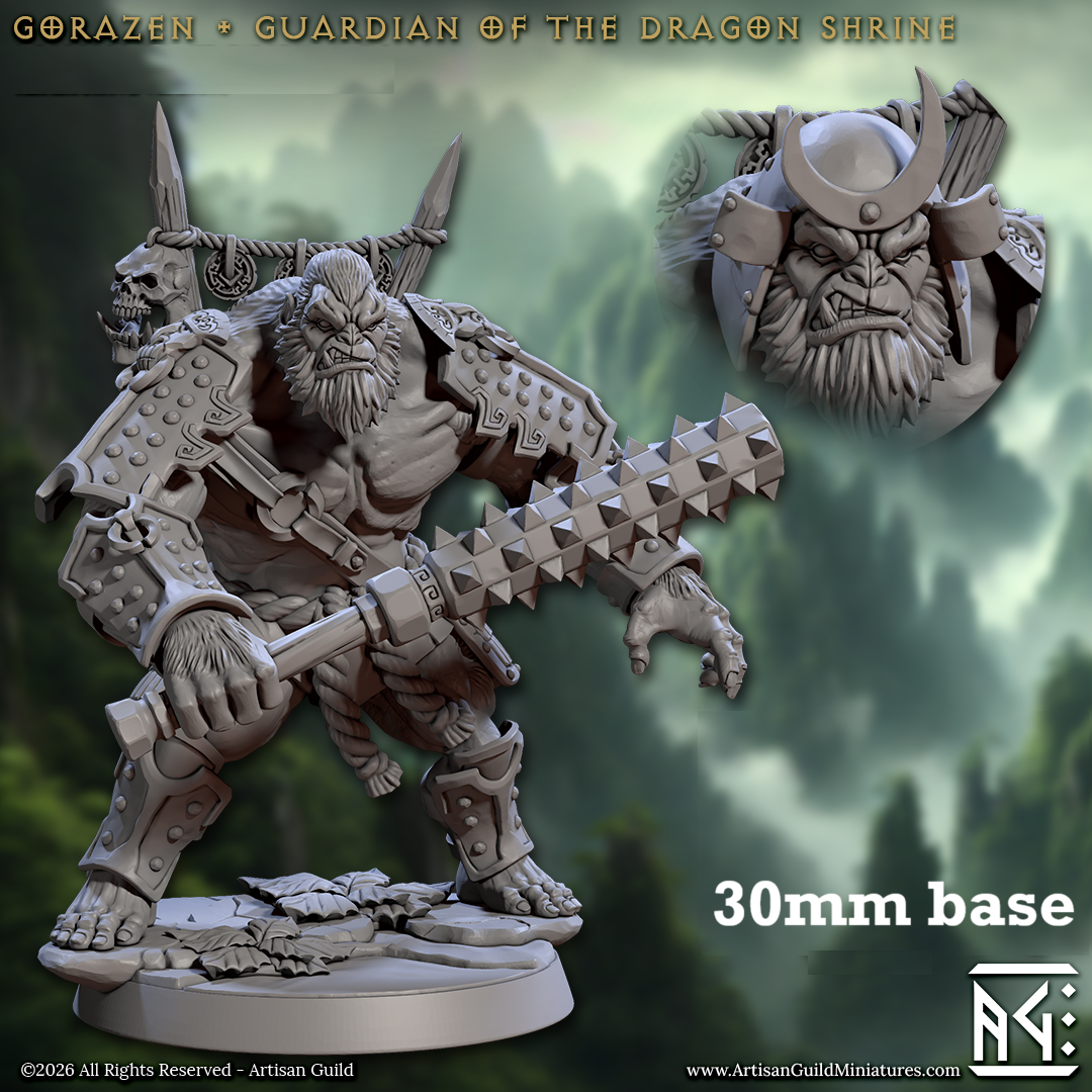 Image shows a 3D render of a simian warlord gaming miniature.