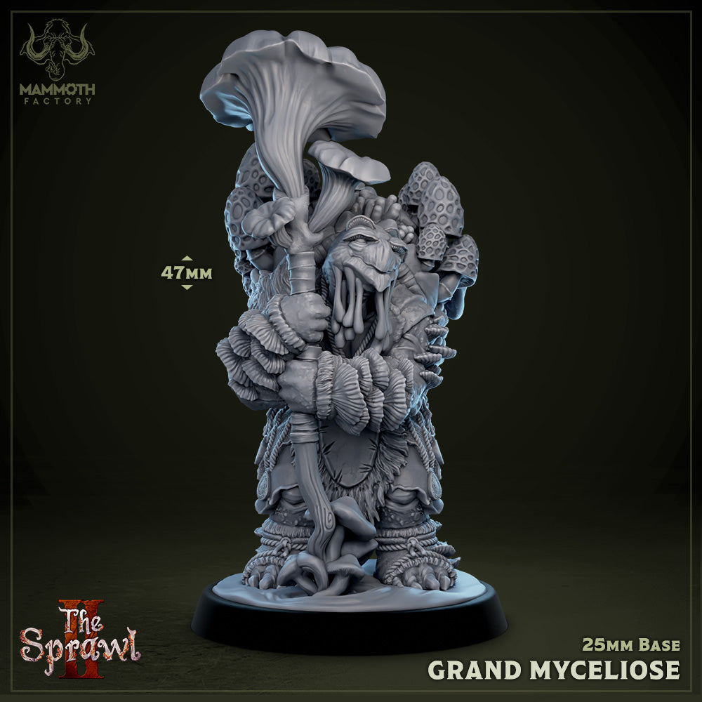 Image shows a 3D render of a mushroom man gaming miniature holding a mushroom staff