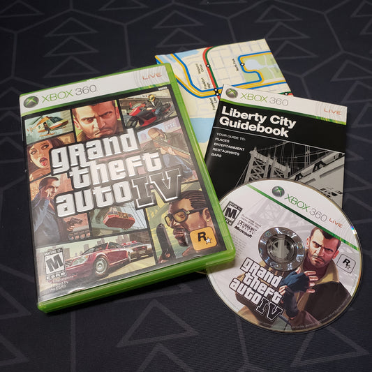 Image shows the case, manual, poster map and disc for the video game Grand Theft Auto IV for Xbox 360