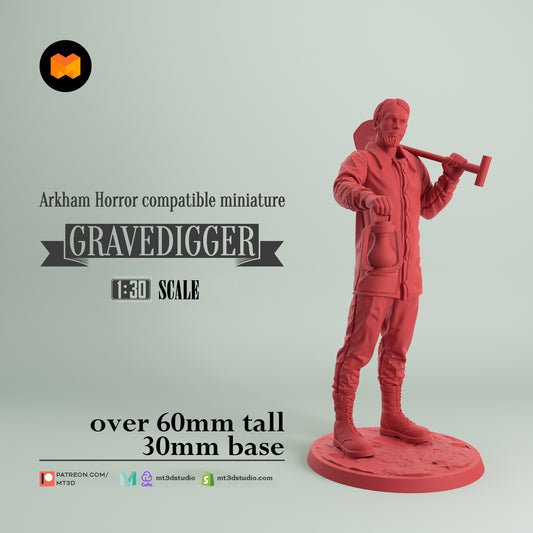 Image shows a 3D render of a 1920s era gravedigger gaming miniature.