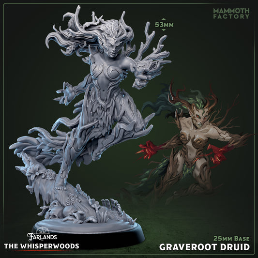Image shows a 3D render of a dryad druid gaming miniature.