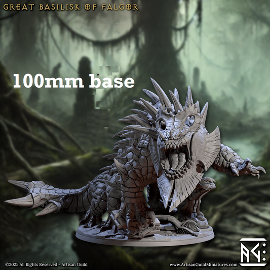 Image shows a 3D render of a giant armored lizard gaming miniature.