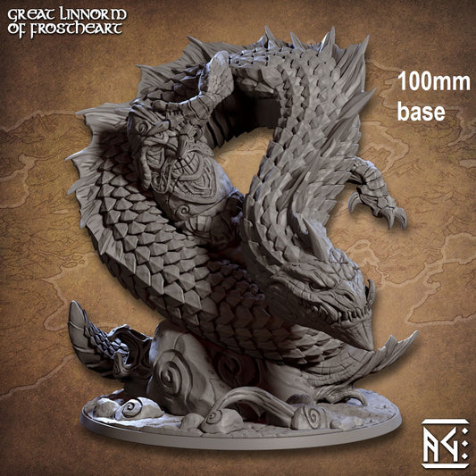 Image shows an 3D render of a snake-like dragon gaming miniature wrapped around a pillar dwarven idol