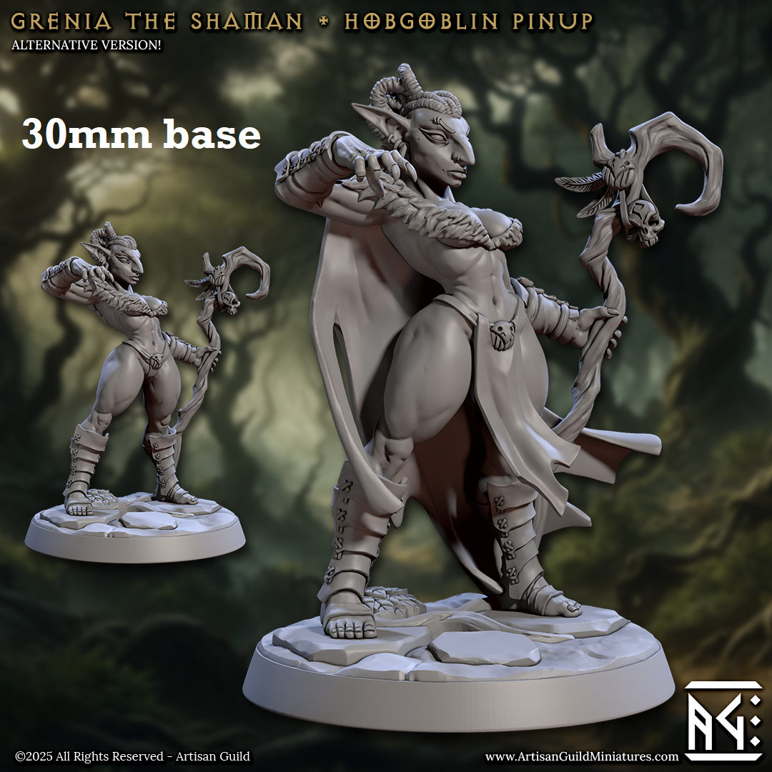 Image shows 3D renders for two different sculpt options for a hobgoblin shaman gaming miniature