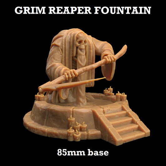 Image shows a 3D render of a piece of gaming miniature terrain featuring a fountain with a grim reaper at it's center, liquid pouring out of its mouth