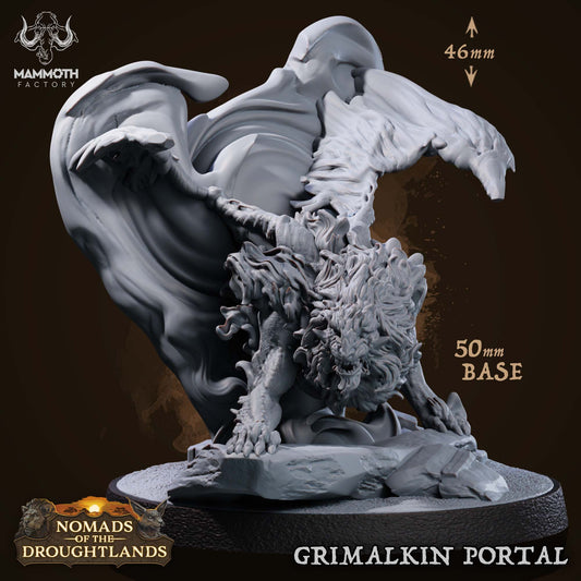 Image shows a 3D render of a winged lion elemental gaming miniature emerging from a portal