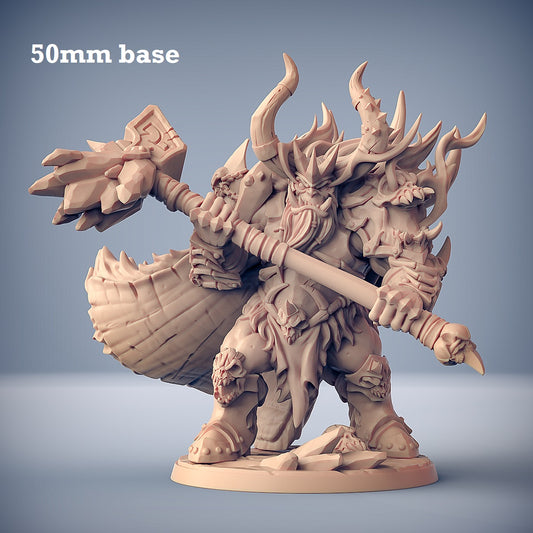 IMage shows a 3D render of an armored ogre barbarian gaming miniature