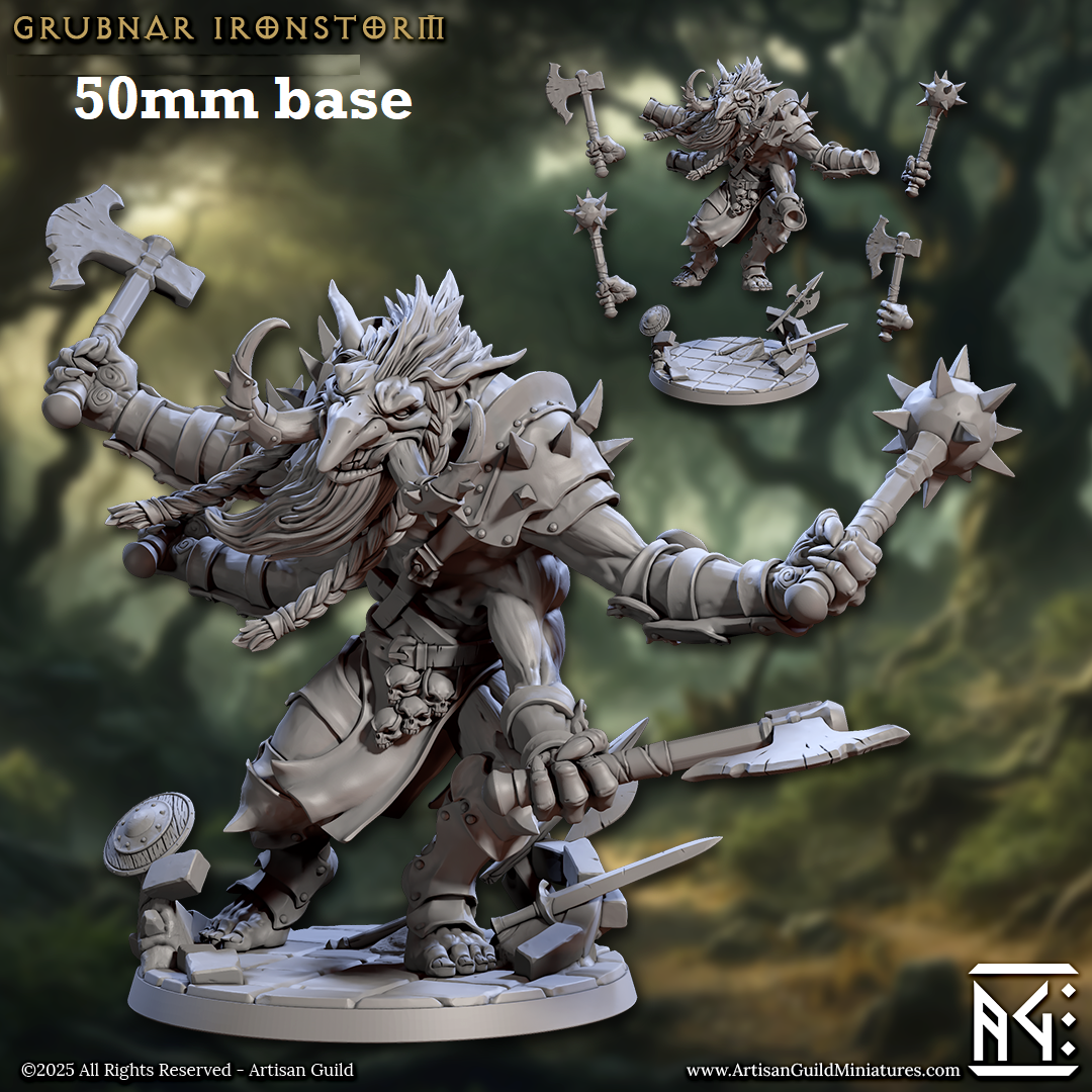 Image shows a 3D render of a four-armed troll berserker gaming miniature.