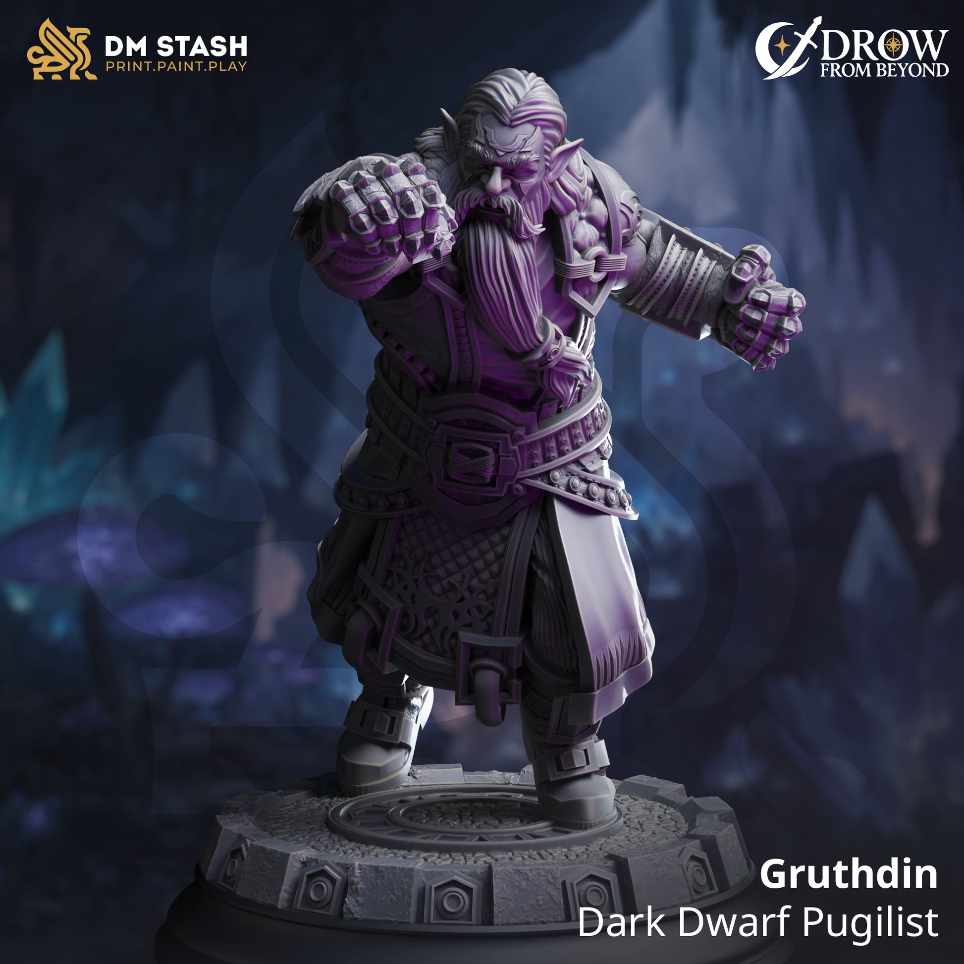 Image shows a 3D render of a dwarf monk gaming miniature.