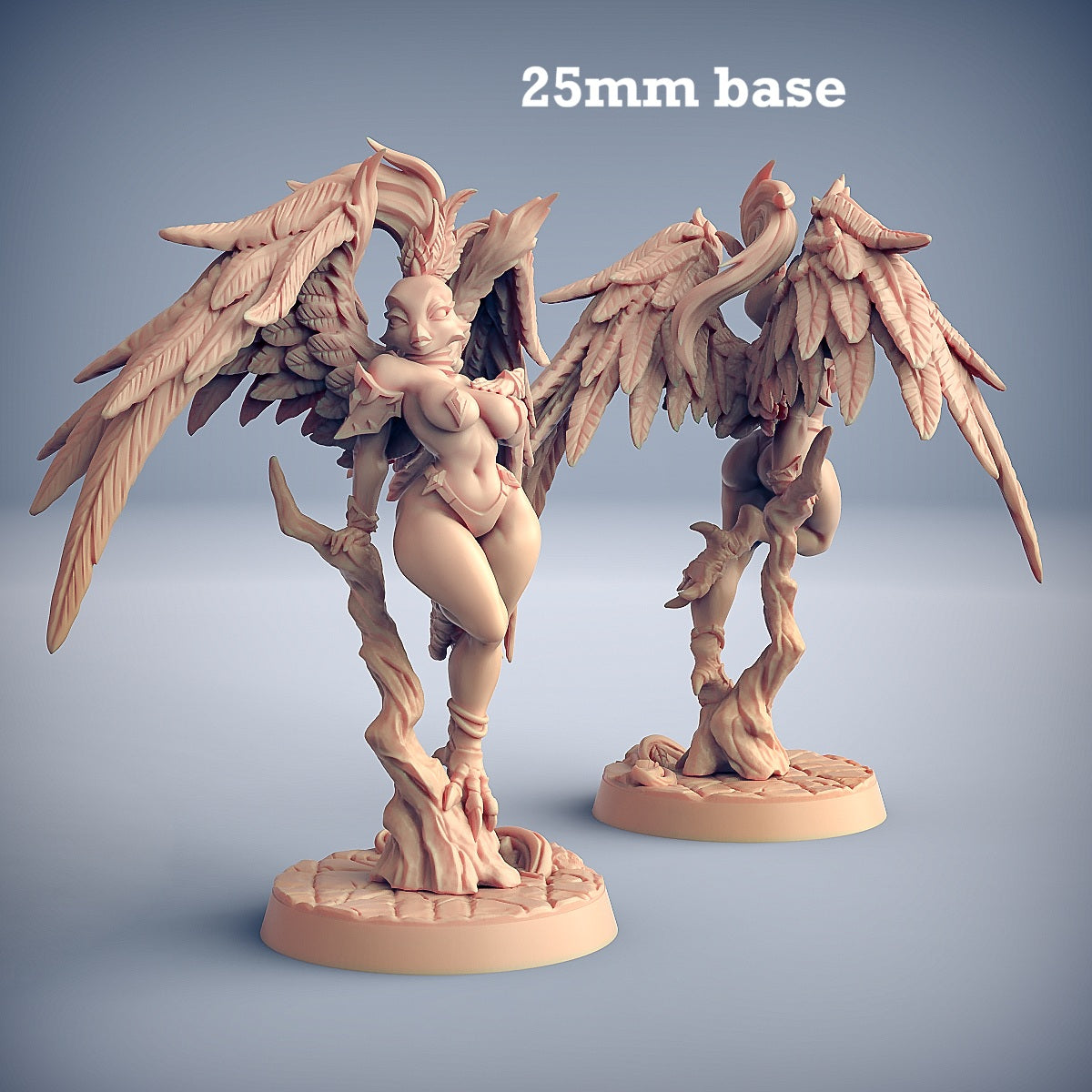 Image shows a 3D render of a aarakocra cleric gaming miniature.