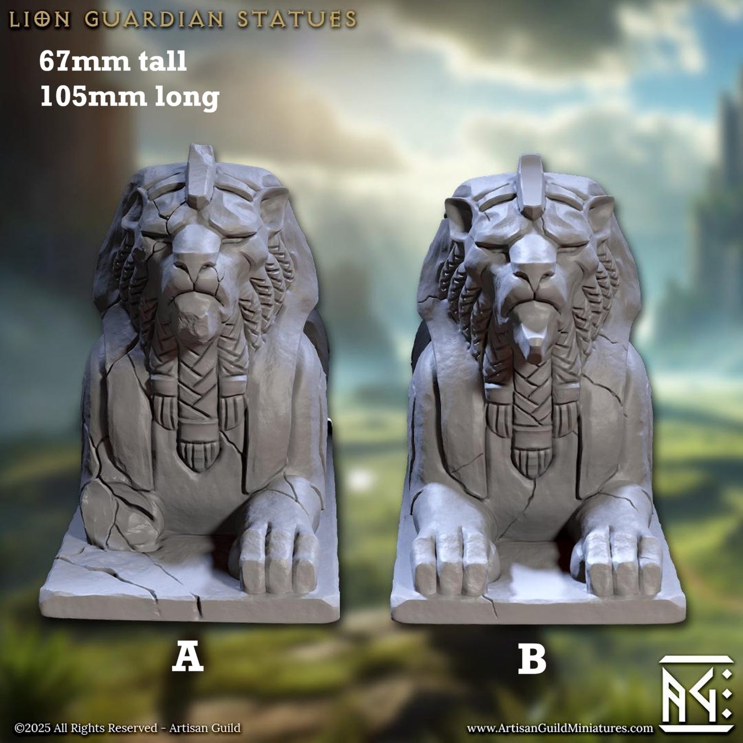 Image shows 3D renders of two sculpt options for a lion statue piece of gaming miniature terrain