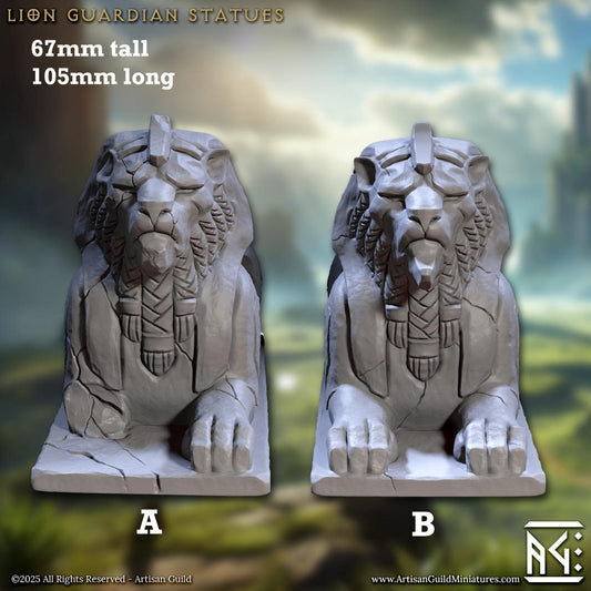 Image shows 3D renders of two sculpt options for a lion statue piece of gaming miniature terrain